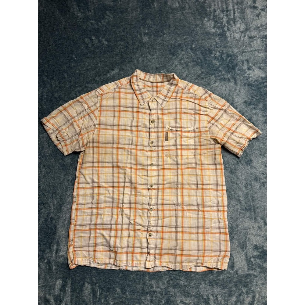 Columbia Plaid Shirt Mens XL Orange Yellow White Short Sleeve Button Up AM7324